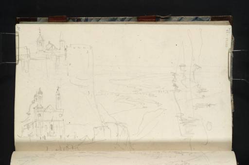 Joseph Mallord William Turner, ‘The Leopoldsburg and View up the Danube (plus More Detailed Sketch of the Church and Bastions); Buildings’ 1833