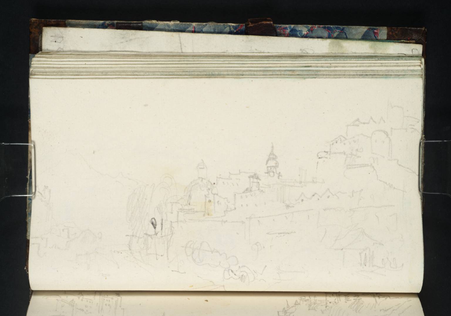 Salzburg: View up the Salzach, from nearly opposite the Michaelstor, to the Kajetanerkirche, Stift Nonnberg and Fortress