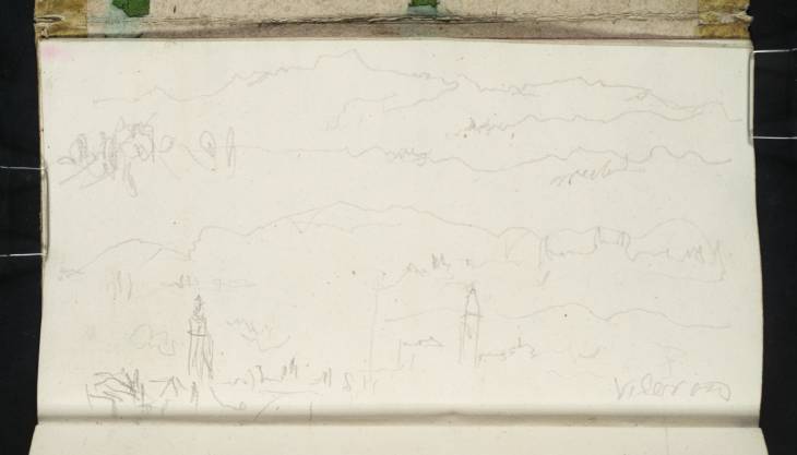 Joseph Mallord William Turner, ‘Views with Distant Alpine Mountains; a Tower over Rooftops, Possibly the Torre Civica, Castelfranco Veneto; ?the Campanile of San Sebastiano, Villarazzo’ 1833