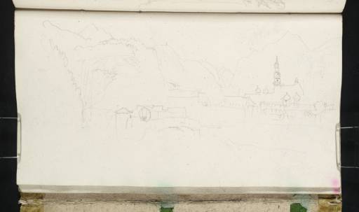 Joseph Mallord William Turner, ‘A Bridge in an Alpine Mountain Valley, with a Town or Monastery with a Baroque Spire Beyond’ 1833