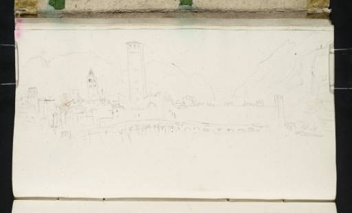 Joseph Mallord William Turner, ‘Trento across the Former Course of the River Adige (Etsch), with the Torre Vanga above the Bridge and the Campanile of Santa Maria Maggiore Beyond’ 1833