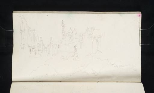 Joseph Mallord William Turner, ‘Alpine Mountains with a Distant Castle; the Herkulesbrunnen Fountain on Maximilianstrasse, Augsburg, with the Rathaus, the Perlachturm and the Spires of the Cathedral in the Distance’ 1833