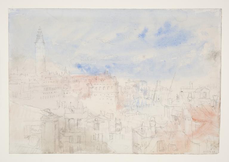 Joseph Mallord William Turner, ‘Venice Rooftops from the Hotel Europa (Palazzo Giustinian), Looking towards the Giardini Reali and the Campanile of San Marco (St Mark's)’ 1840