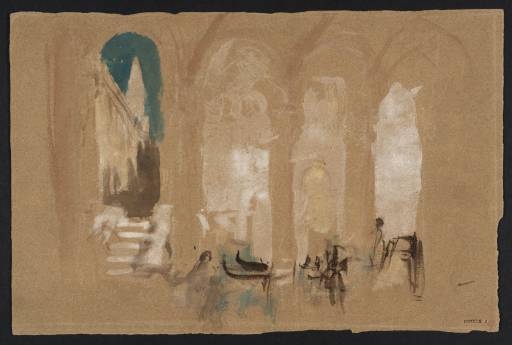 Joseph Mallord William Turner, ‘The Spire of a Campanile, Perhaps San Marco (St Mark's), Venice, through a Waterfront Arcade with Gondolas’ 1840