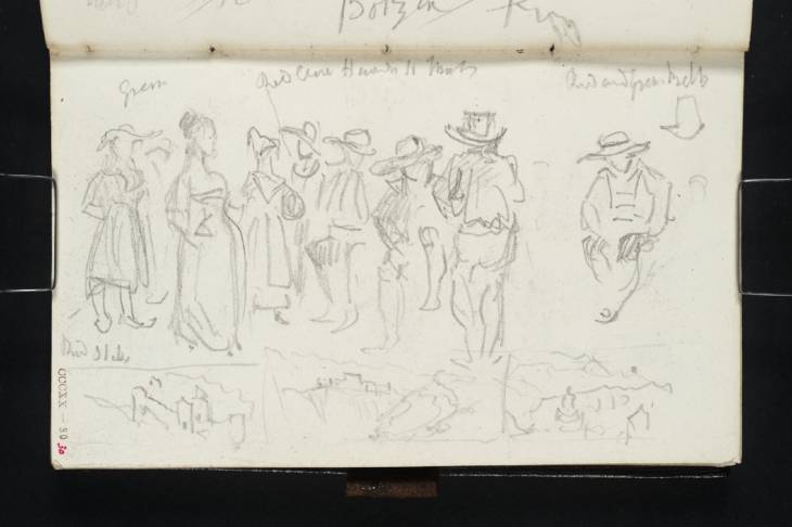 Joseph Mallord William Turner, ‘A Group of Men and Women in Traditional Costume; Buildings among Mountains ?in the Tyrol Alps or Dolomites’ 1840