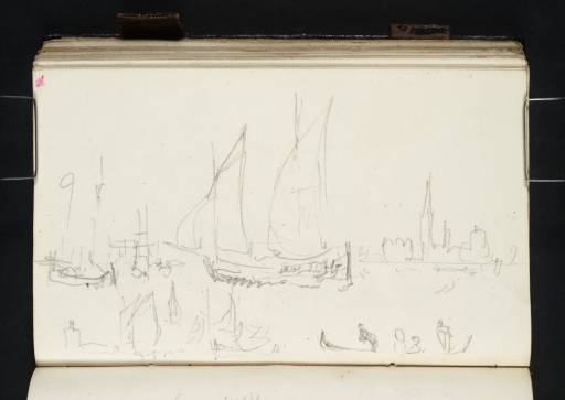 Joseph Mallord William Turner, ‘A Two-Masted Boat Sailing in the Bacino, Venice, with Moored Shipping and San Giorgio Maggiore Beyond; Studies of Boats including a Gondola’ 1840