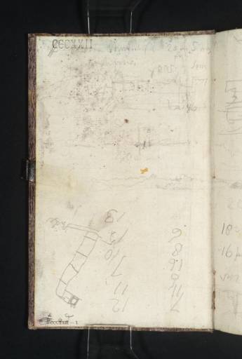 Joseph Mallord William Turner, ‘Inscriptions by Turner: Travel Notes and Figures; River Views Including Arnhem from the Nederrijn; ?Part of a Map or Town Plan with a Bridge’ 1833 (Inside front cover of sketchbook)