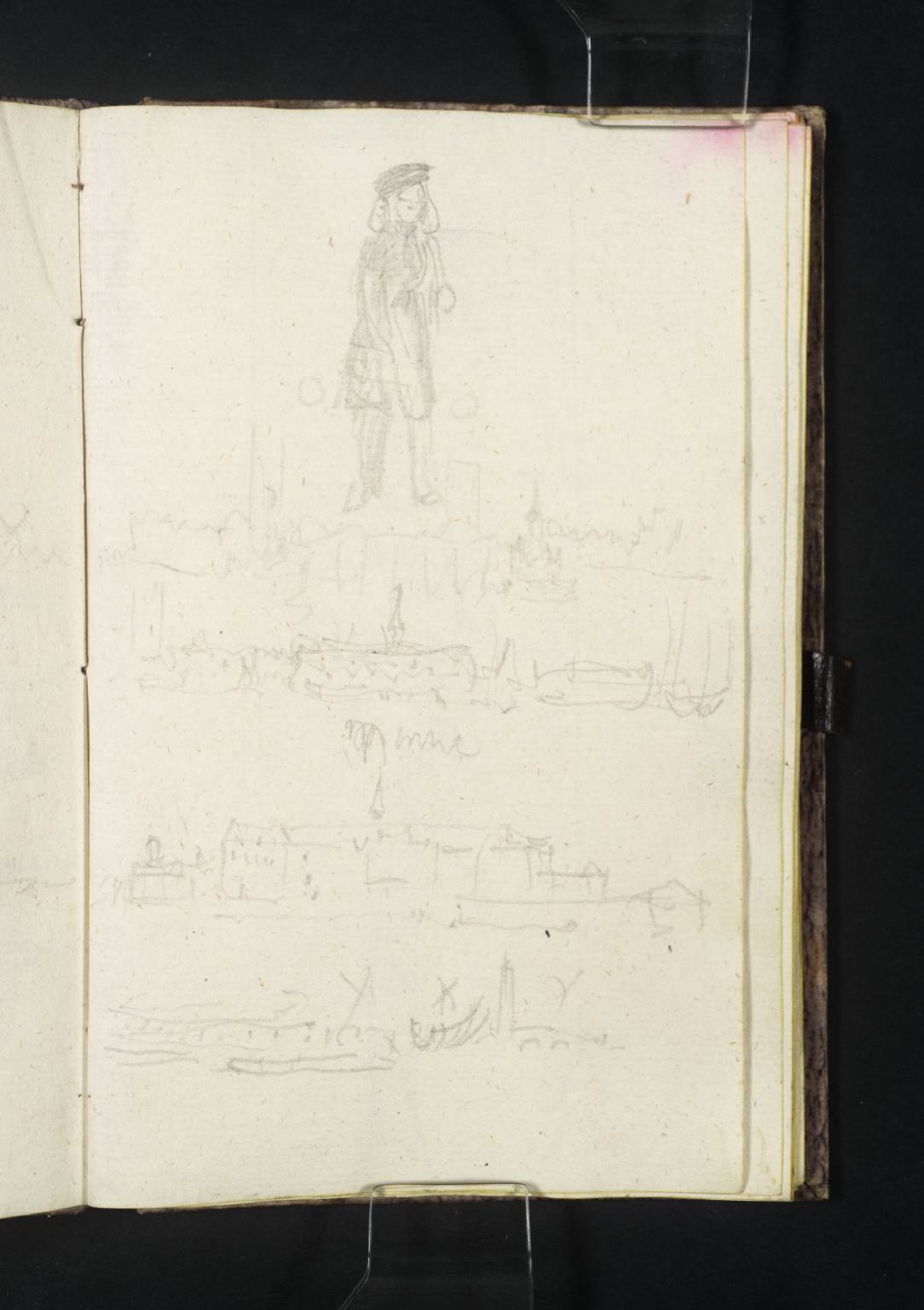 View of Town, Etc., from River; Also Figure of Boy