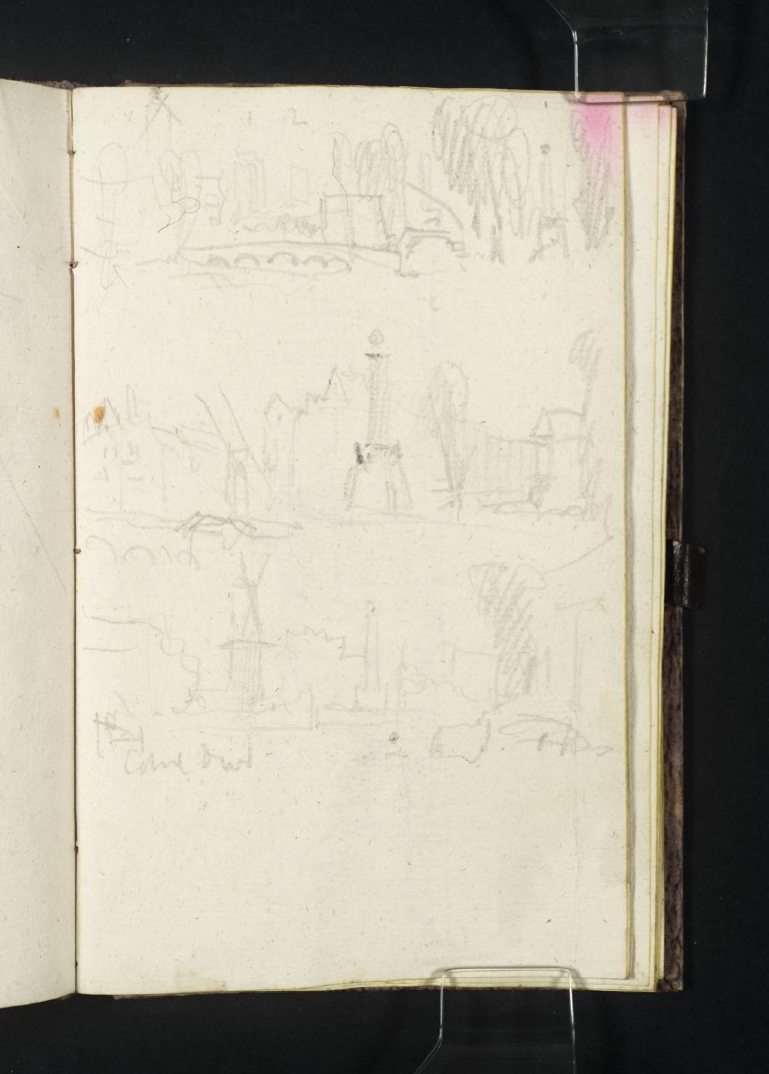 View of Town from Canal, with Windmills, Monument, Etc.
