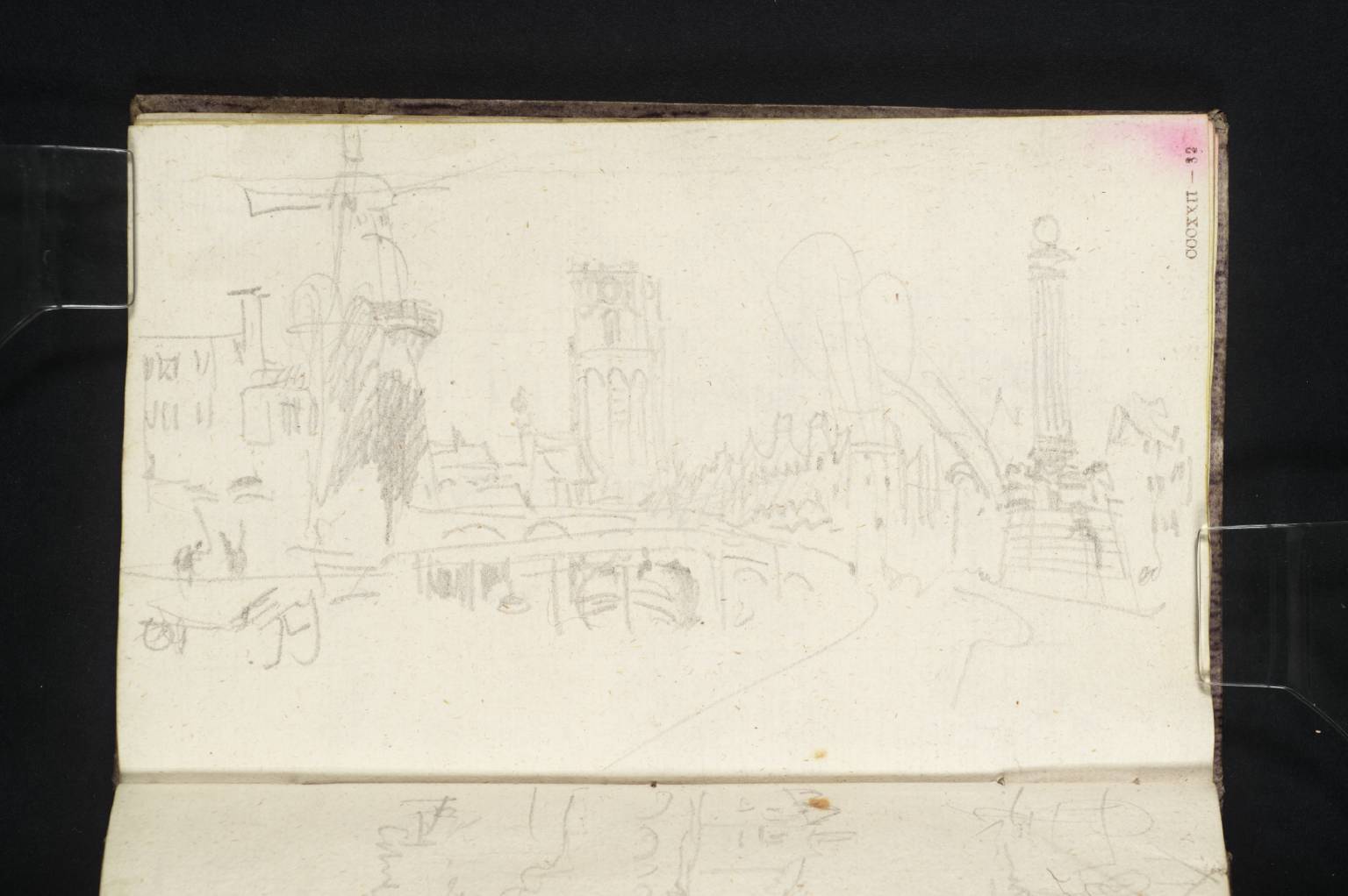 Bridge, with Windmill and Cathedral Tower; Also a Monument - a Column on Pedestal Surmounted by a Globe