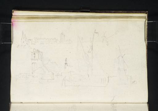 Joseph Mallord William Turner, ‘Views of Wijk bij Duurstede from the River Lek, with Kasteel Duurstede, St John the Baptist's Church and a Sailing Barge near a Windmill’ 1833