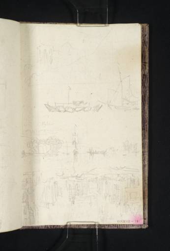 Joseph Mallord William Turner, ‘?Bacharach, with the Wernerkapelle, on the River Rhine; Studies of a Barge and a Sailing Boat; a Wooded River Scene with Boats; a Rotterdam Canal, with St Lawrence's Church in the Distance’ 1833