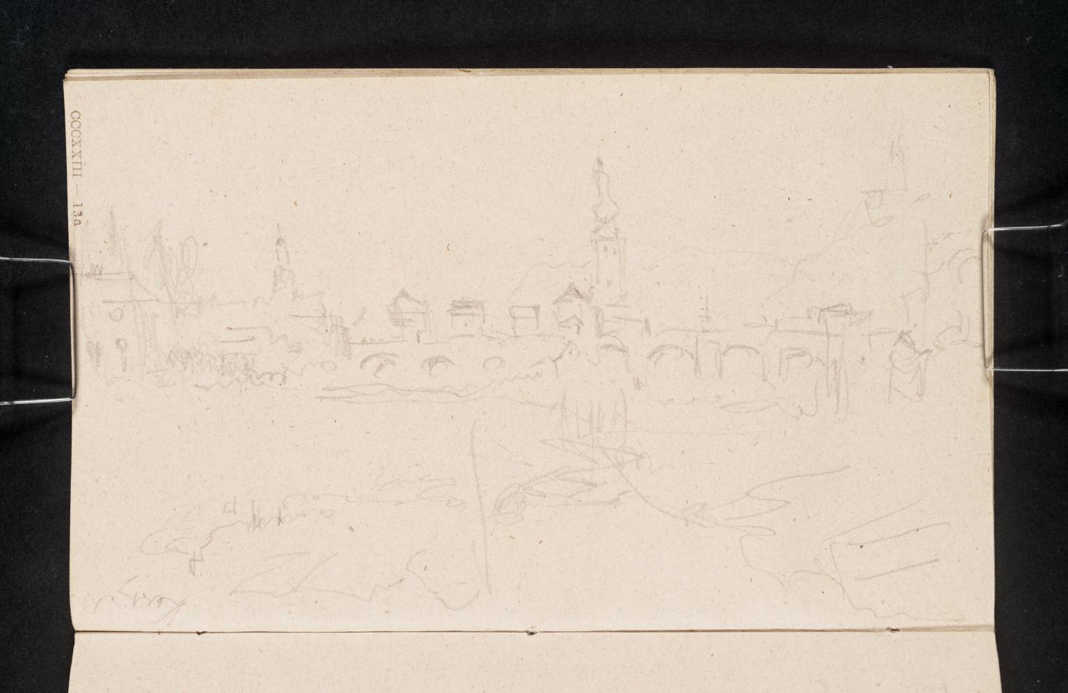 Bridge with Towers, and Castle on Rock in Distance. (?A Small Island on which the Centre of Bridge Rests. In the Centre a Tall Monument)