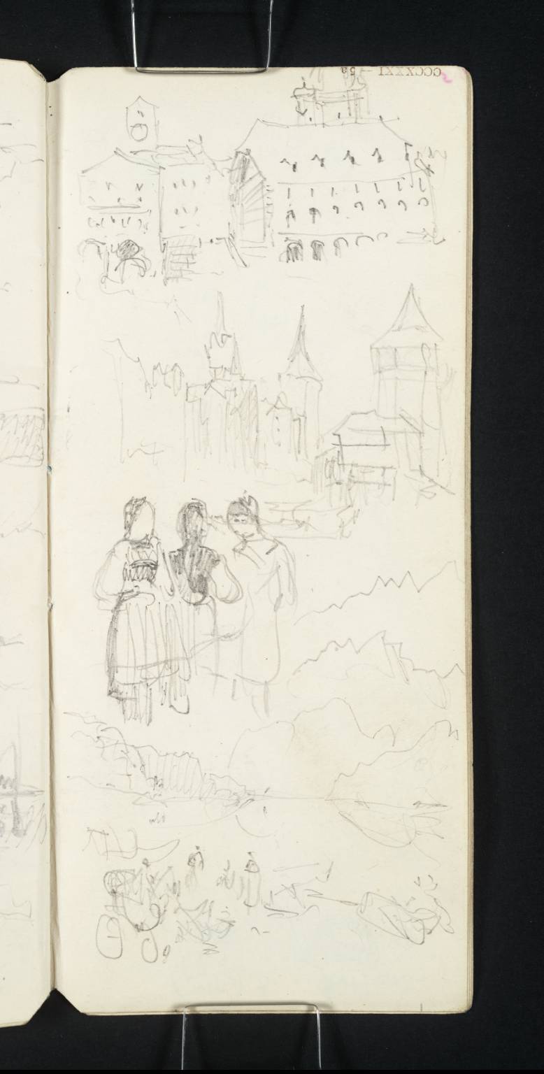 Buildings in Town; Mountains beside Lake; and Group of Peasant Girls