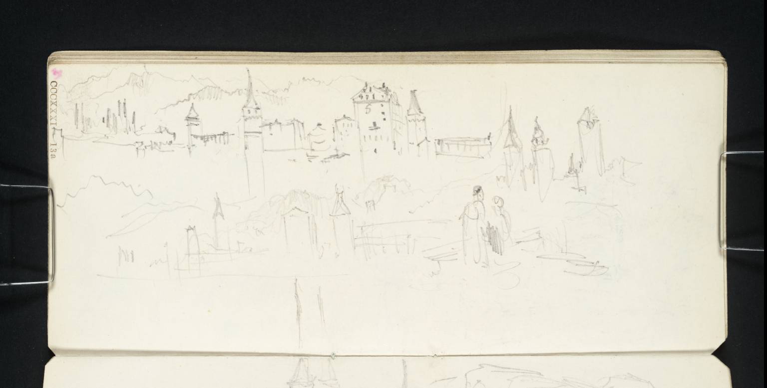 Towers and Other Buildings beside Lake. Also Two Female Peasants