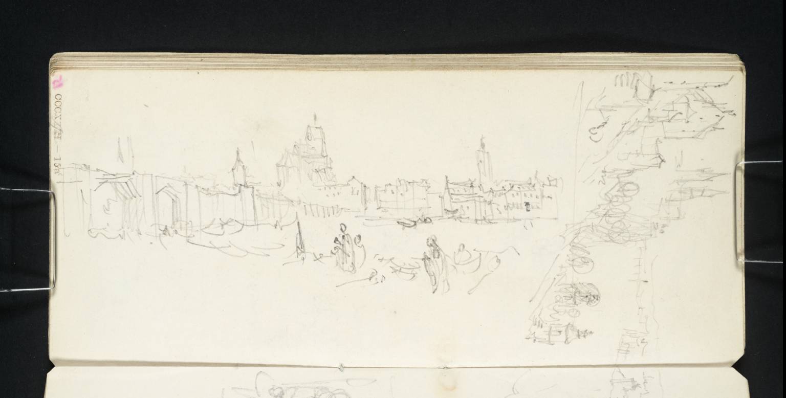 Bridge, with View of Town; Also Castle, Etc., on Rock, with Lake in Distance