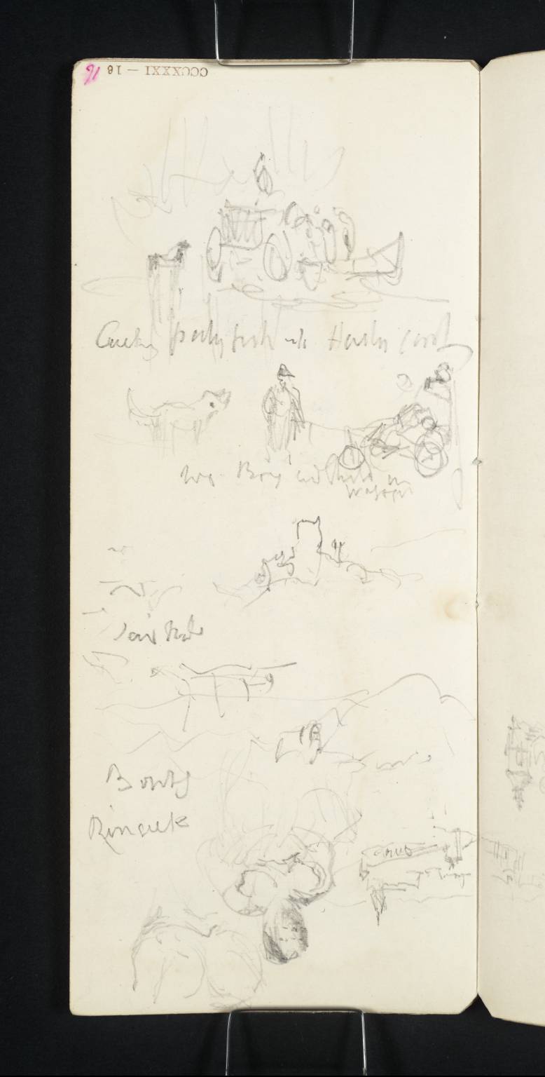 Castle, Etc., on Rock, with Lake in Distance; Also Groups and Figures - Bourg, ?Rinack. Packing Fish Up ... Cart, Two. Boy and Child in Wagon [Turner]