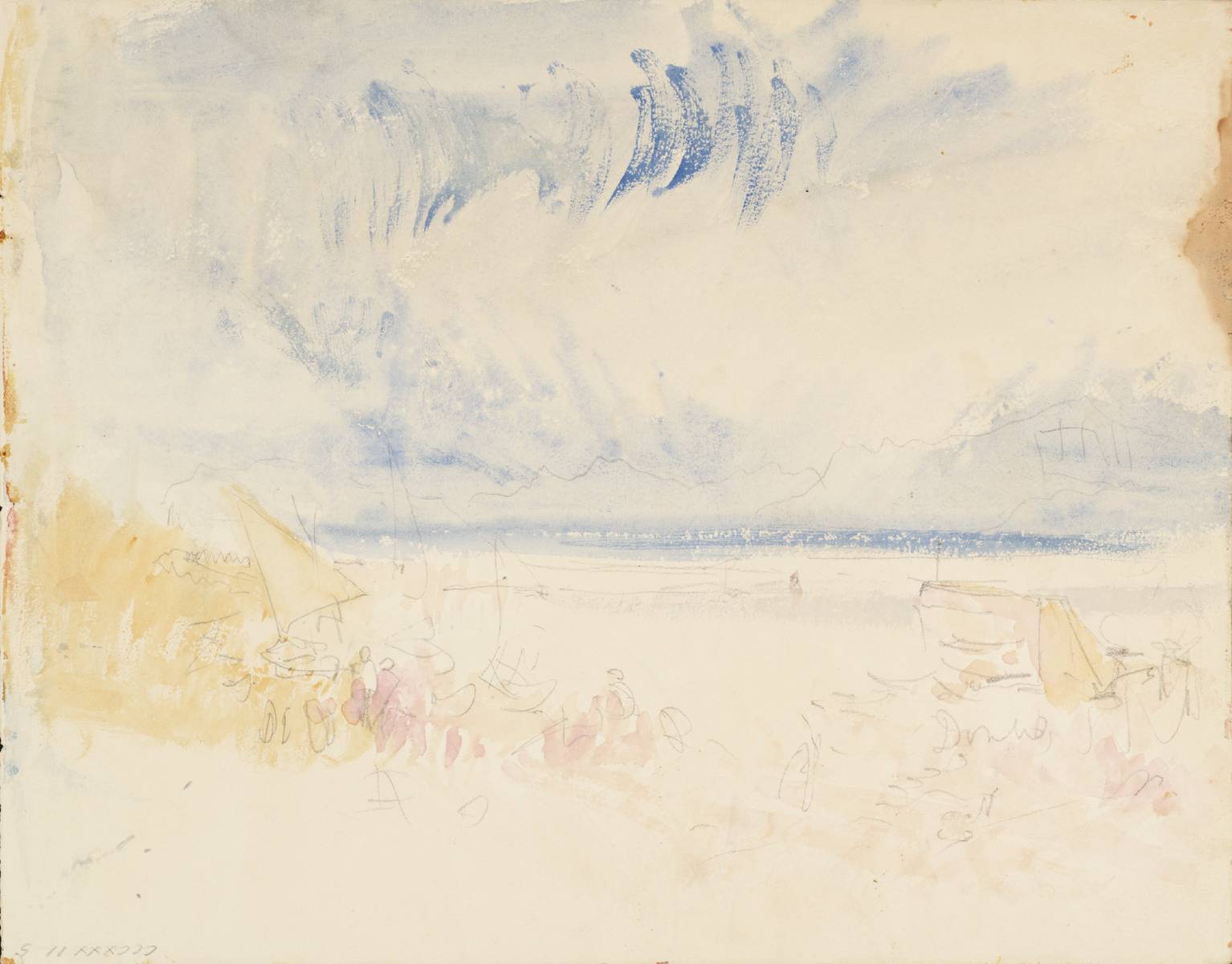 View on Lake with Figures and Boats on Shore