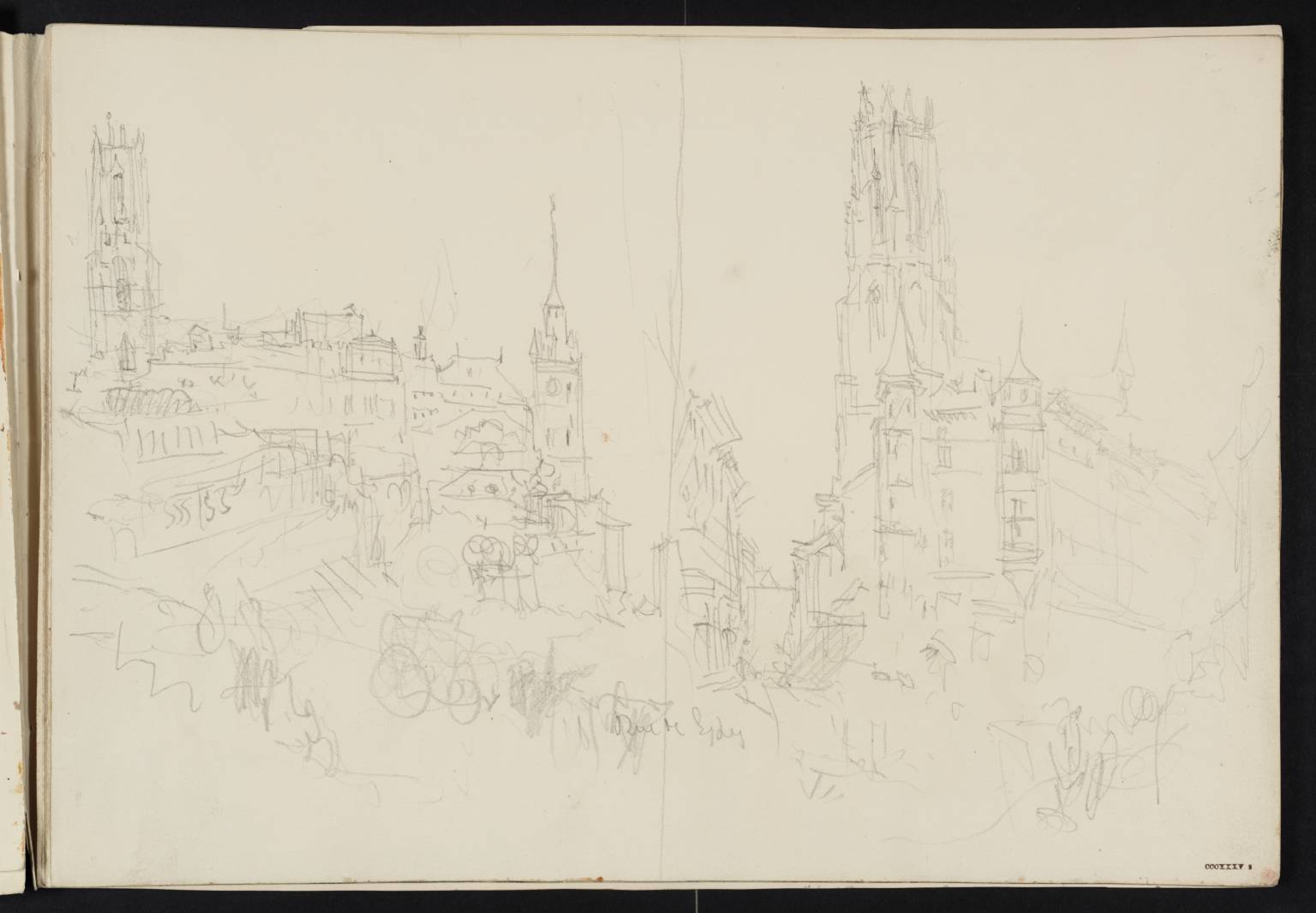 Two Views of Church Tower and Buildings