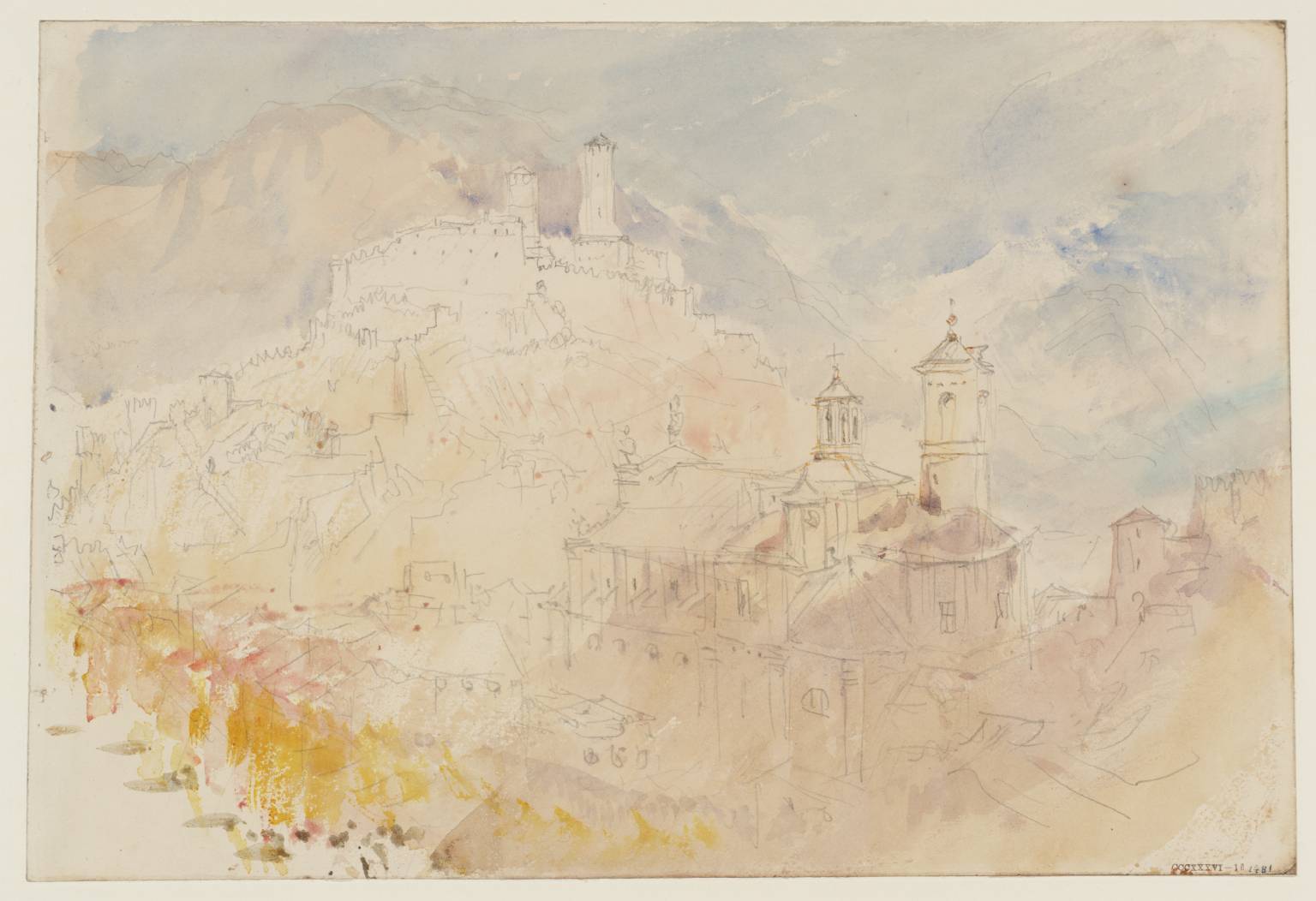 Bellinzona: The Church of SS Pietro e Stefano, and the Castello Grande, from the East