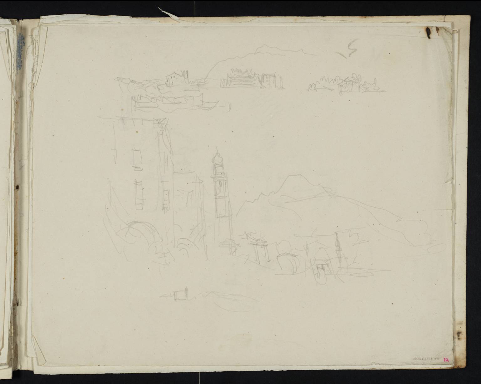 Sketches at Pallanza:  the Isolino San Giovanni and Isola Madre; the Harbour from the West, with the Clock-tower of San Leonardo