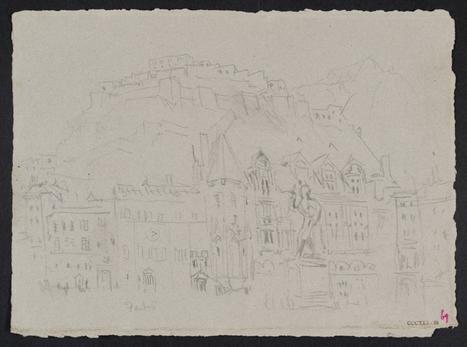 Town, with Fortress on Hill Above, Statue of Man in Foreground. ?Fadis [Turner]