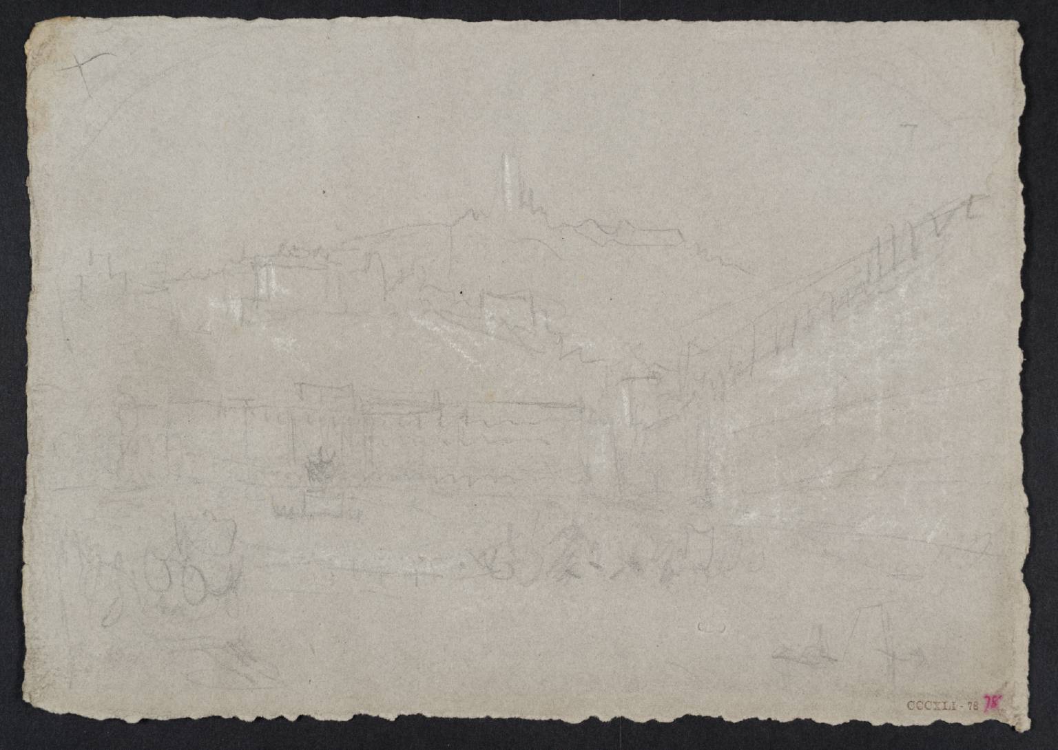 Town, with Buildings on Rock Above