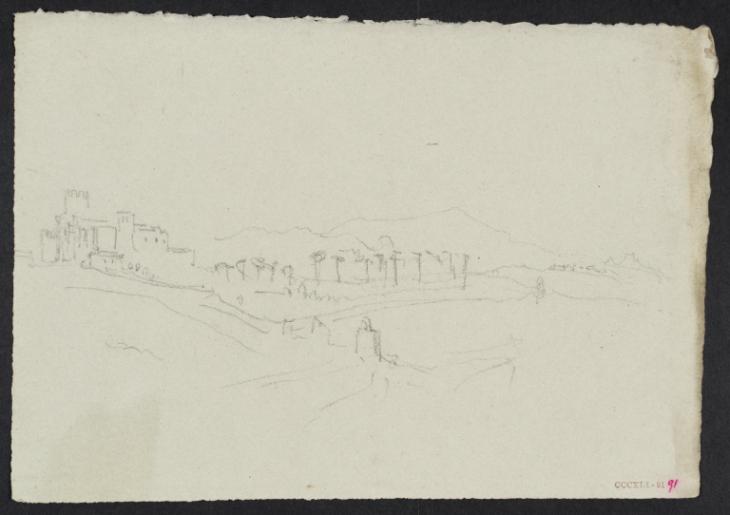 Joseph Mallord William Turner, ‘An ?Italian Castle or Town, with Pine Trees and Mountains Beyond’ c.1828-43
