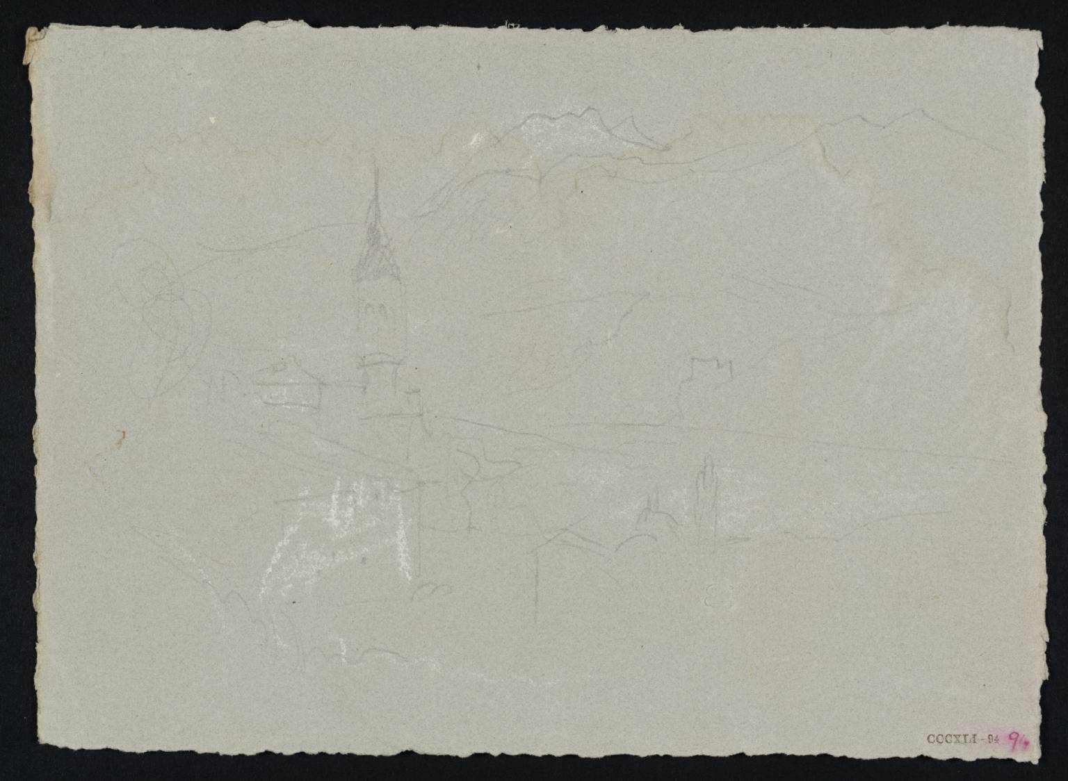 Church and Other Buildings, with Mountains