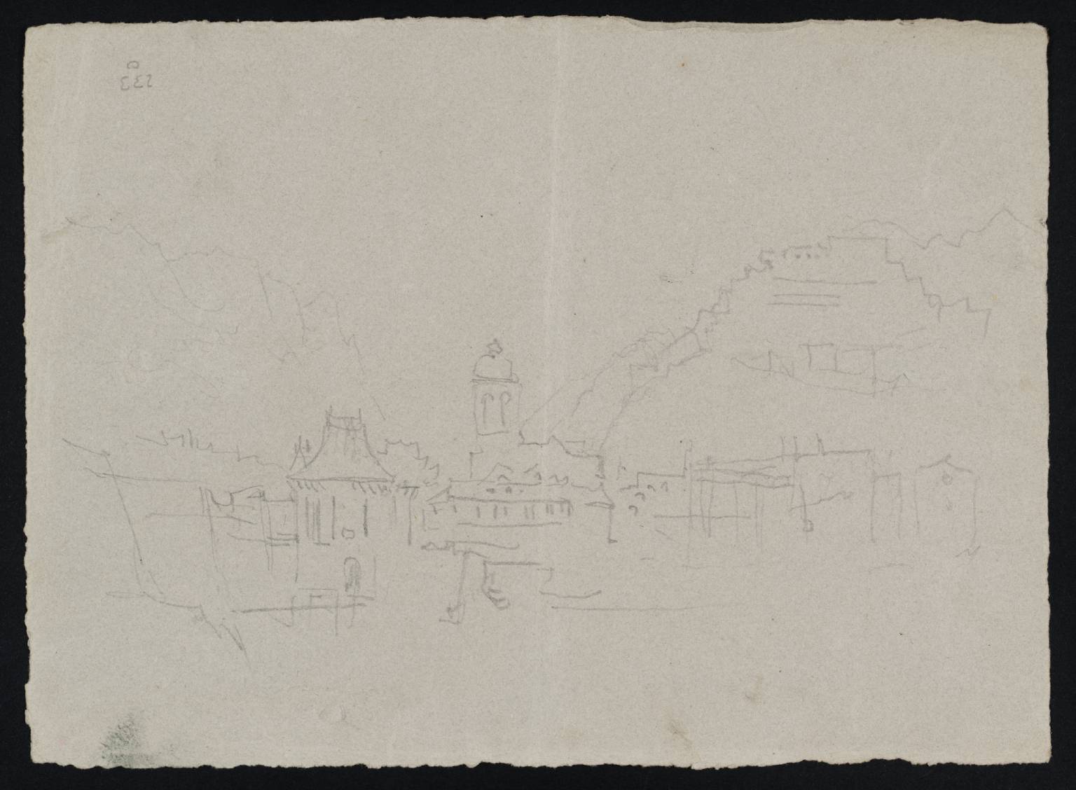 Town beside River (or Lake), with Mountains