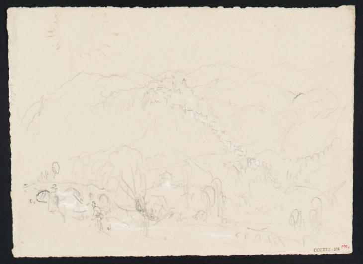 Joseph Mallord William Turner, ‘An ?Italian Valley, with a Bridge and a Town on a Mountain Beyond’ c.1828-43