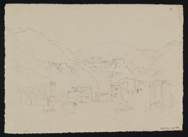 Joseph Mallord William Turner, ‘An ?Italian Town in a Valley, with Distant Mountains, and Roadside Shrines in the Foreground’ c.1828-43