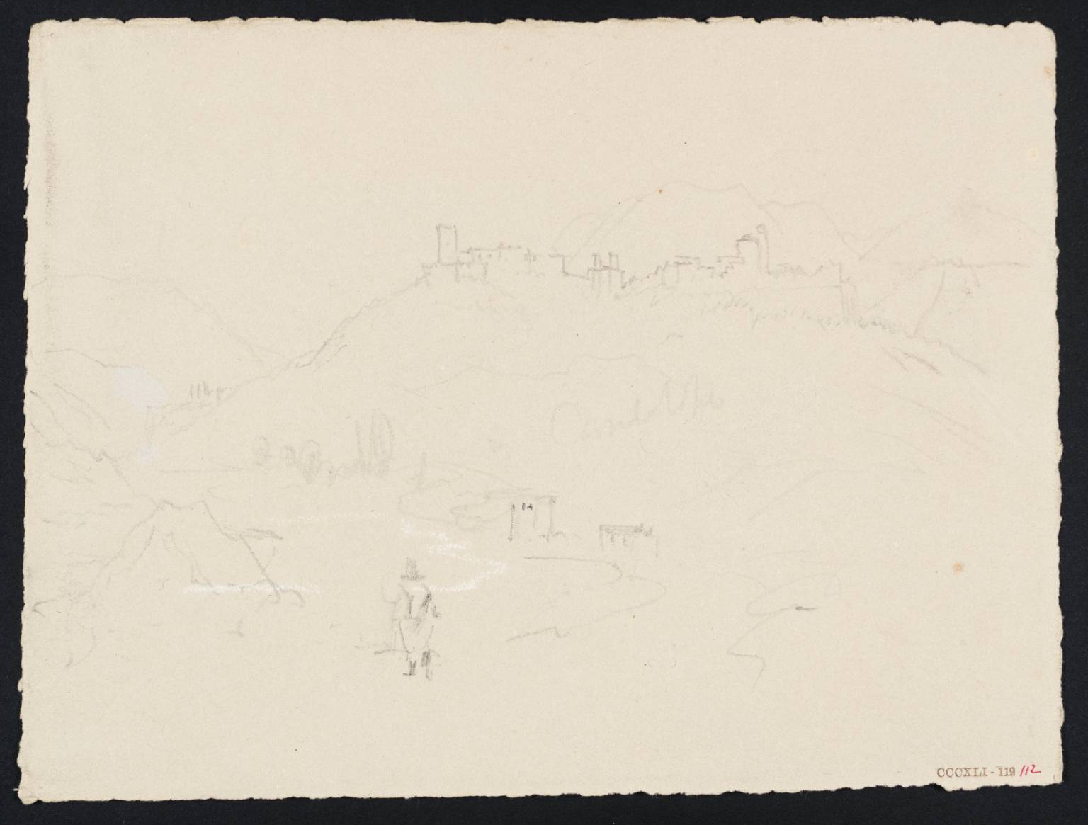 Road through Valley, with Buildings in Mountains Beyond. ?Cantolopes [Turner]