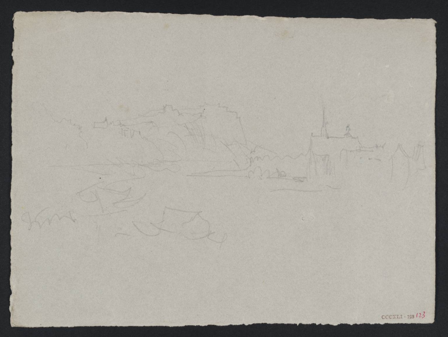 Town beside River, with High Rocky Banks Beyond