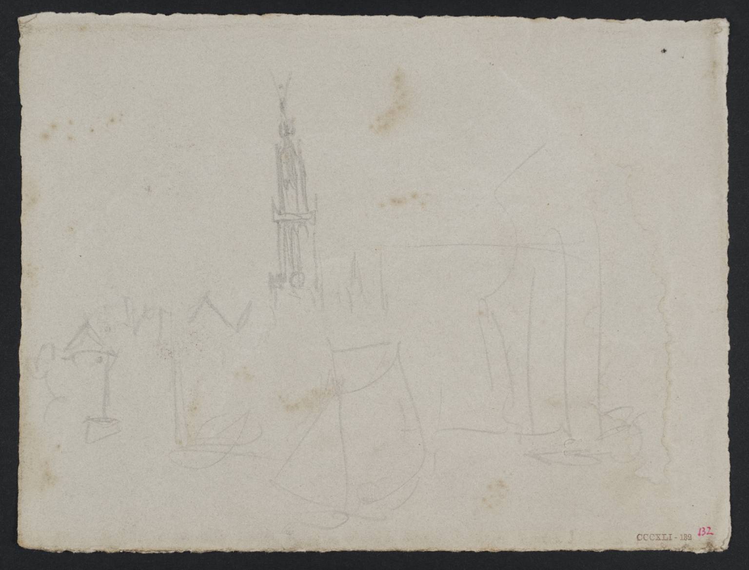 Shipping, with Houses and Gothic Monument Beyond