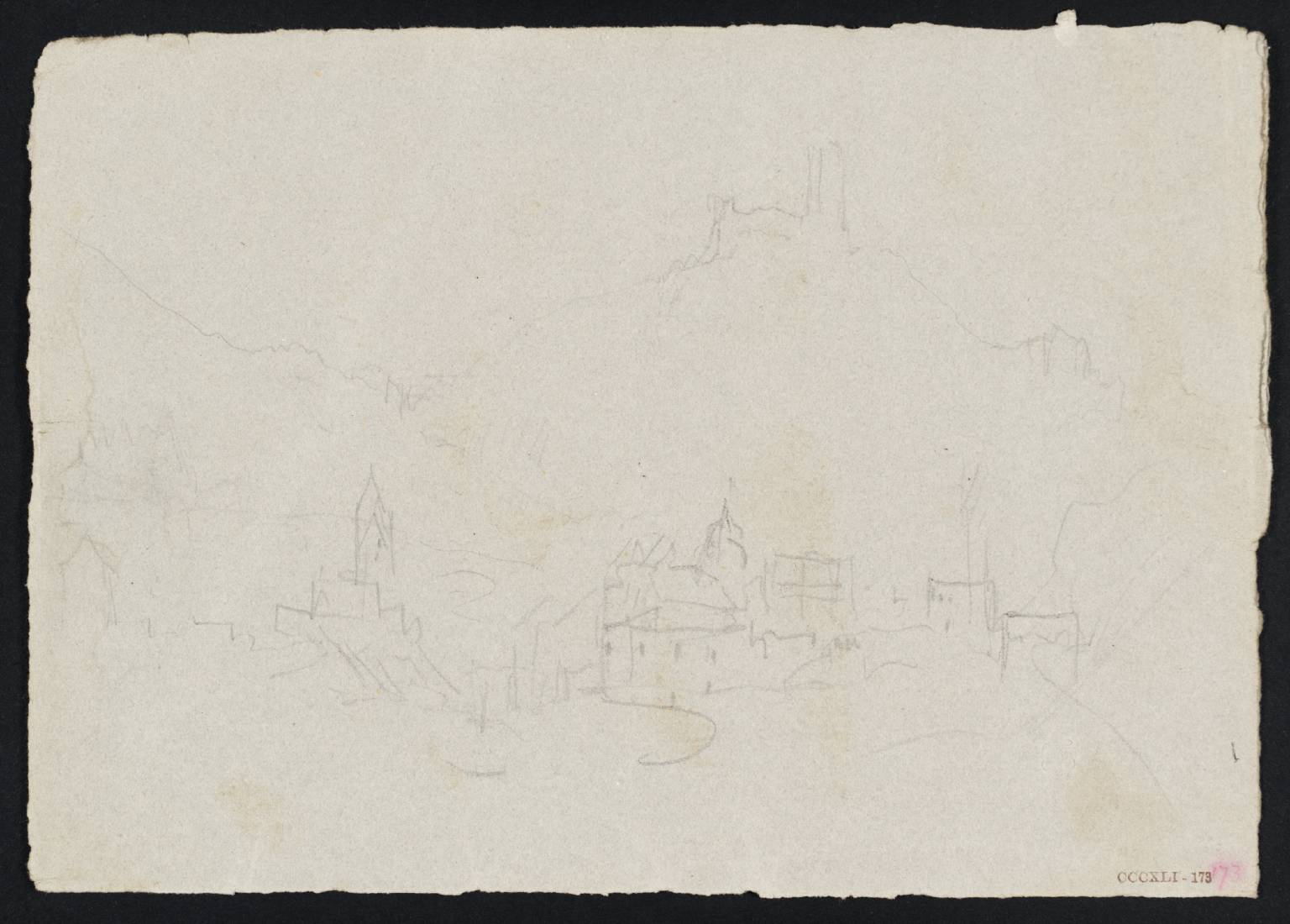Town, with Castle on Mountain Beyond