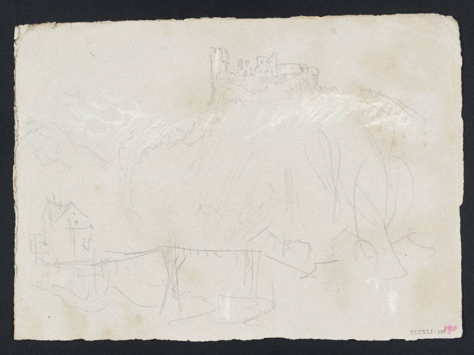 Ruined Castle on Mountain, with Wooden Bridge and Buildings Beyond