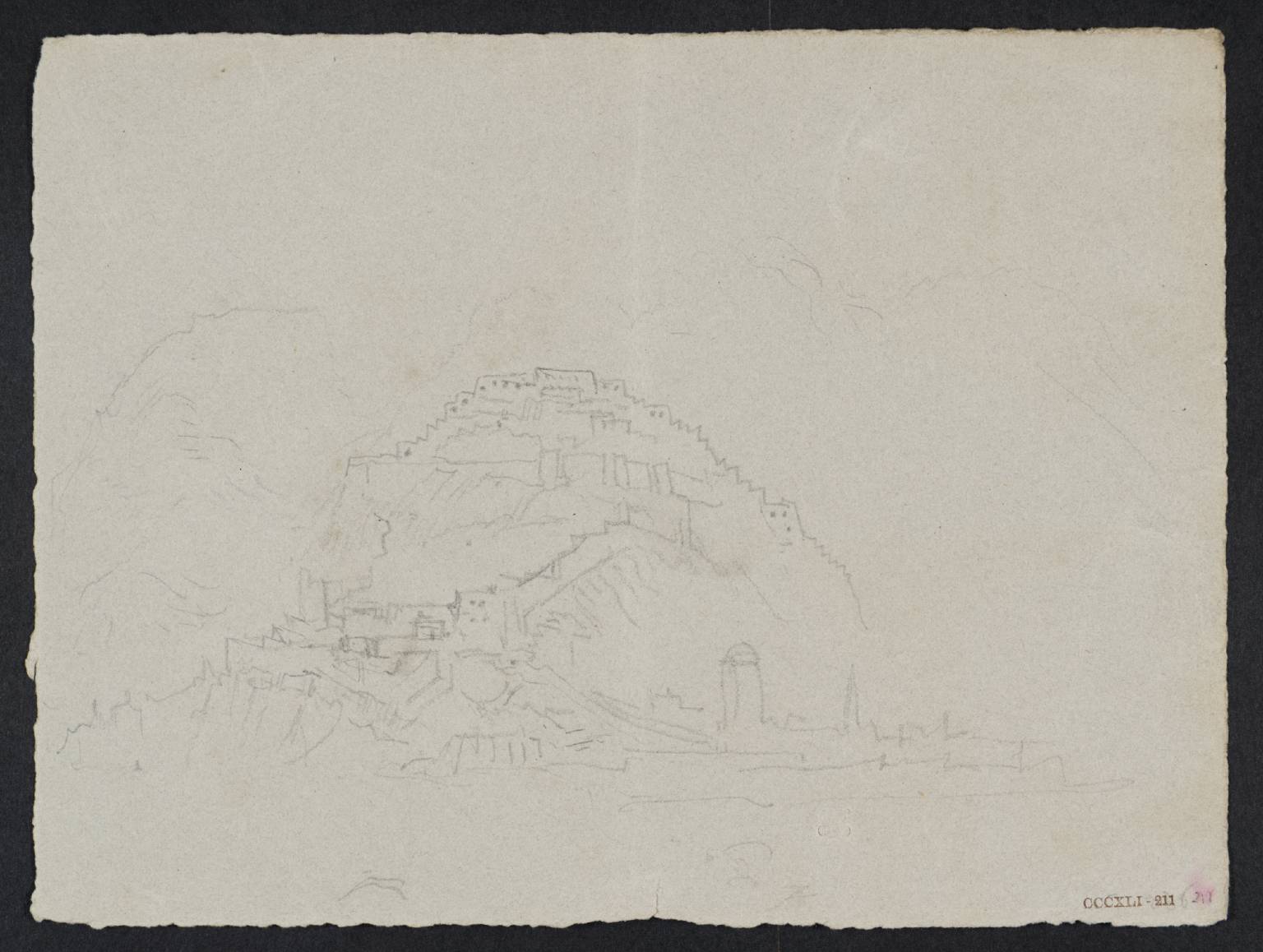 Town in Valley, with Buildings on Hill; Mountains Beyond