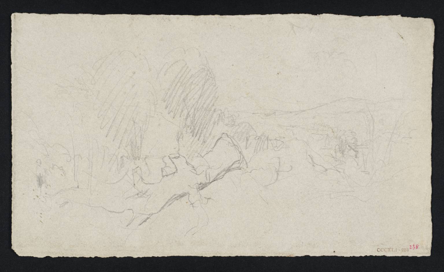 Landscape, with Fallen Tree in Foreground and Distant Mountains