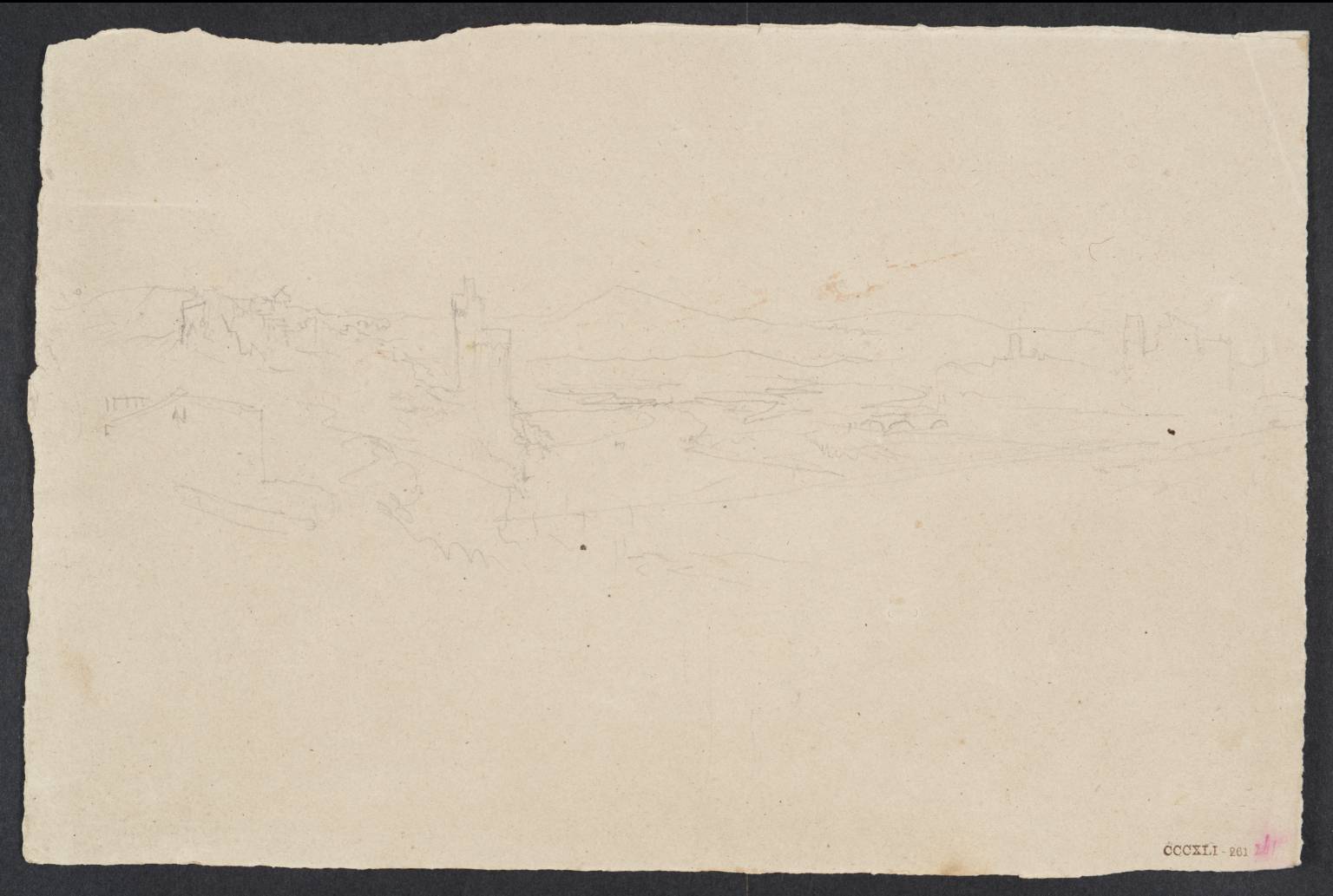 River in Plain, with Castle, Bridge, Etc., and Distant Mountains