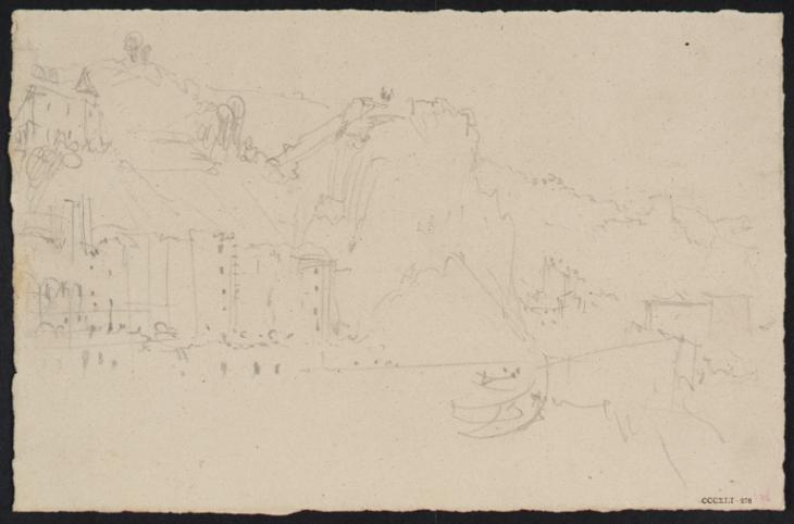 Joseph Mallord William Turner, ‘?Italian Buildings on a Rocks River Bank’ c.1828-43