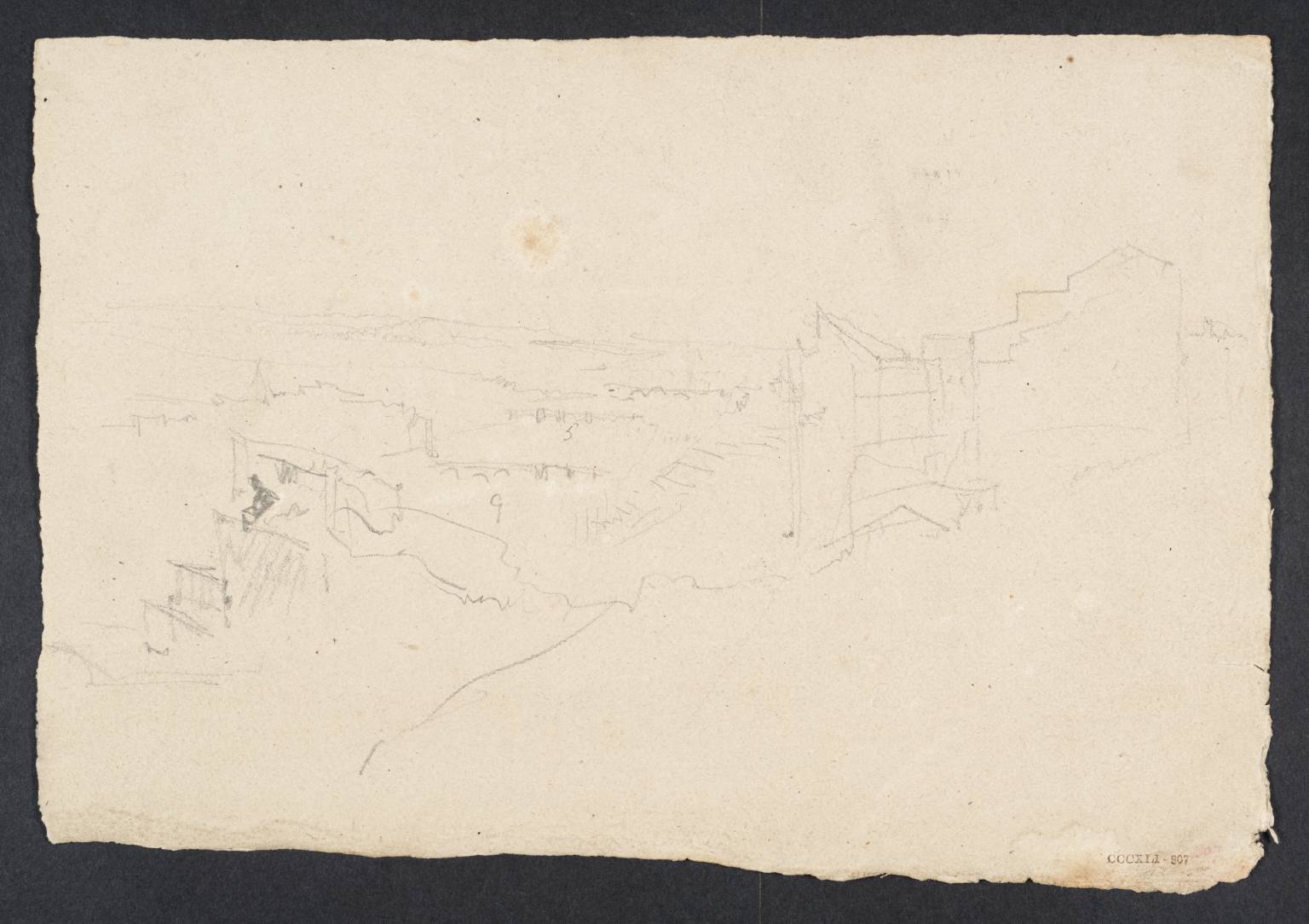 Buildings on Hillside, with River and Three Bridges (?Wurzburg)