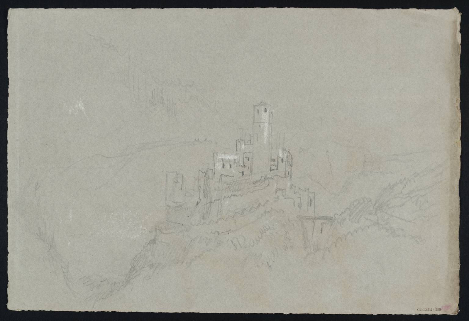 Ruined Castle on Rock, with View of River Below