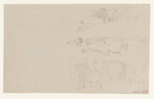 Joseph Mallord William Turner, ‘Studies for 'The Lake, Petworth: Sunset, Fighting Bucks', 'The Lake, Petworth: Sunset, a Stag Drinking', and 'Petworth Park: Tillington Church in the Distance'’ 1827