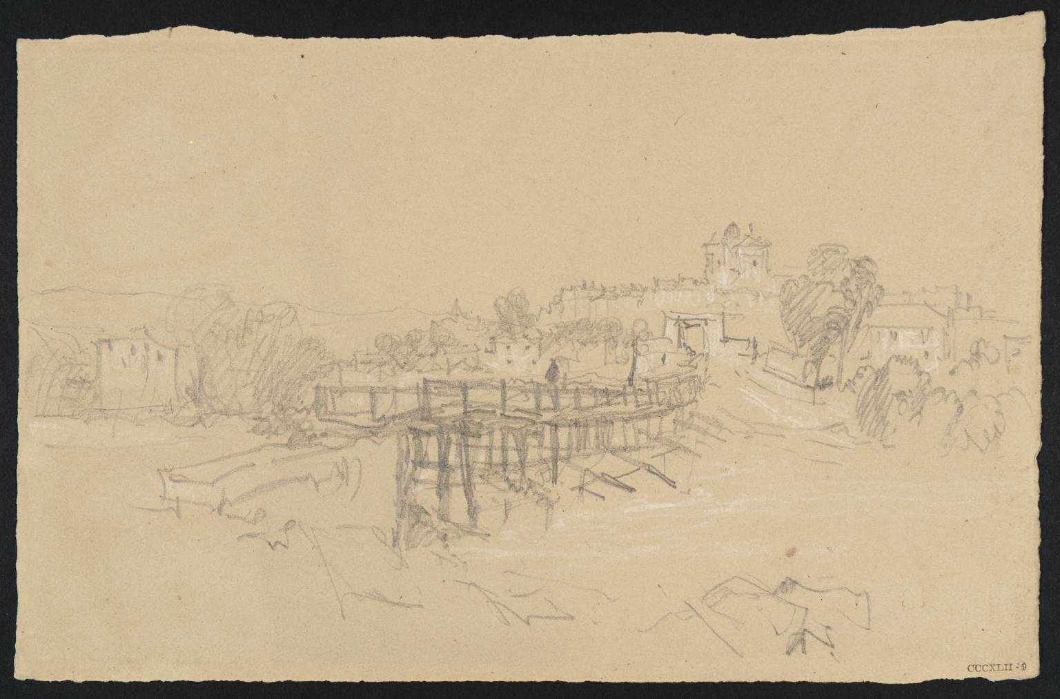 Wooden Bridge, with Town beside River