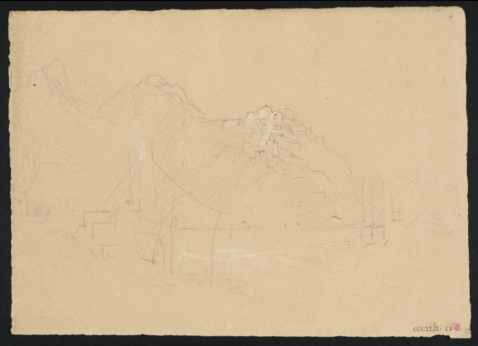 Lake, with Suspension Bridge and Buildings on Rock