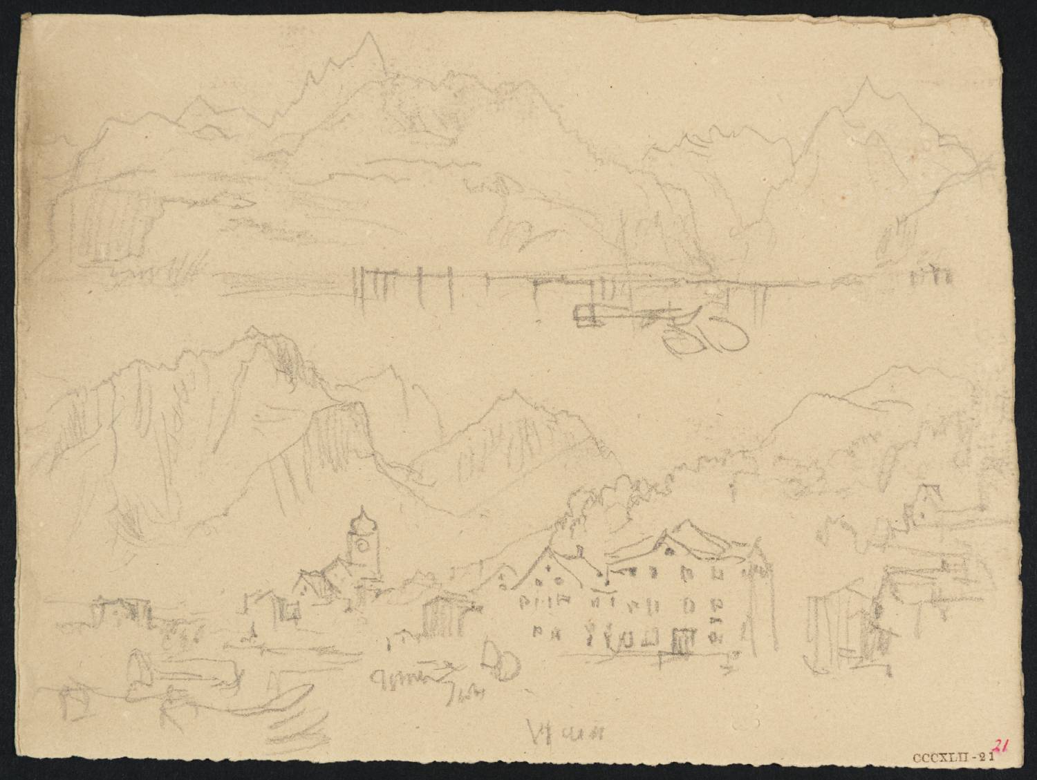 Mountains, with Tower and Houses beside Lake