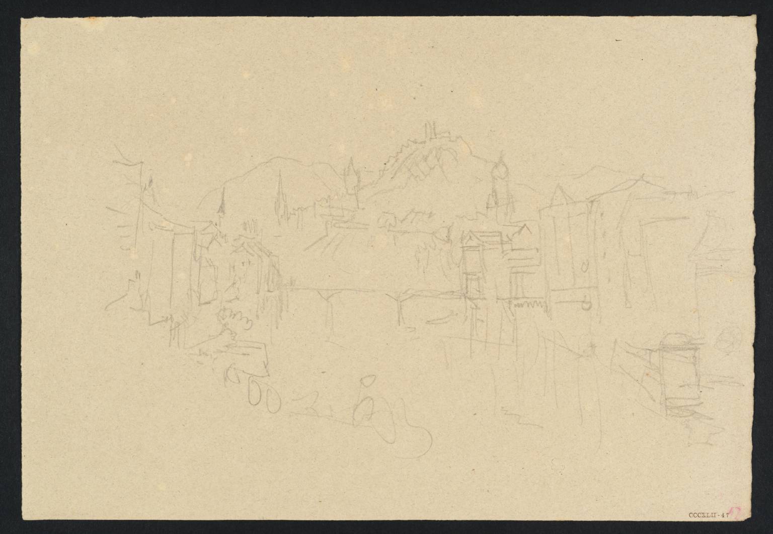 View of Town, with River and Wooden Bridge