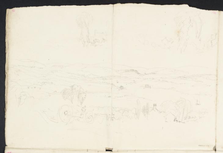 Joseph Mallord William Turner, ‘A Valley with a River and Distant Hills; Studies of Trees and Buildings’ c.1820-40