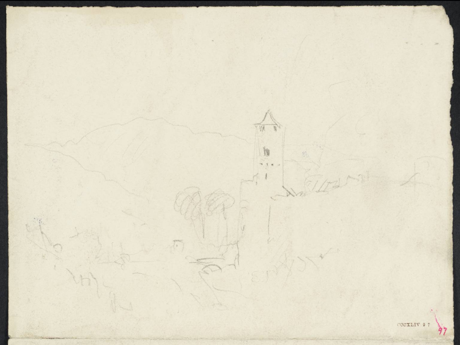 Landscape, with Tower and Distant Mountains